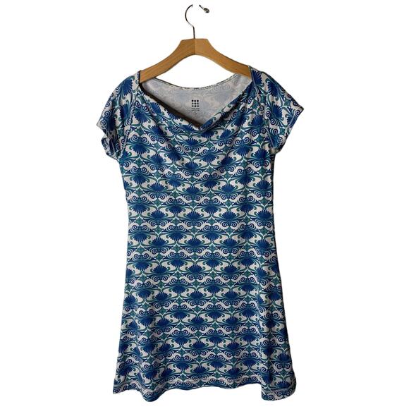 Title Nine Majestic Dress Cowl Neck Blue Fleur Baroque Fanfare Print Size Small - Picture 1 of 8